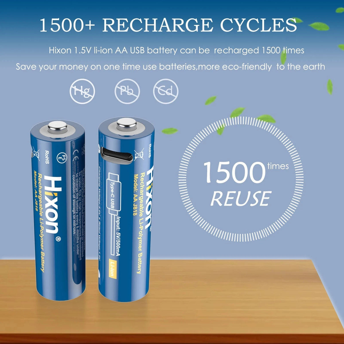 Hixon 1.5V USB-C AA Rechargeable Lithium Batteries 2550mWh Double AA - 8 Pack