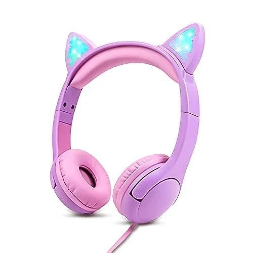 Olyre Kids Wired Headphones with Mic, LED Cat Ears Headset, Mini, Purple/Pink