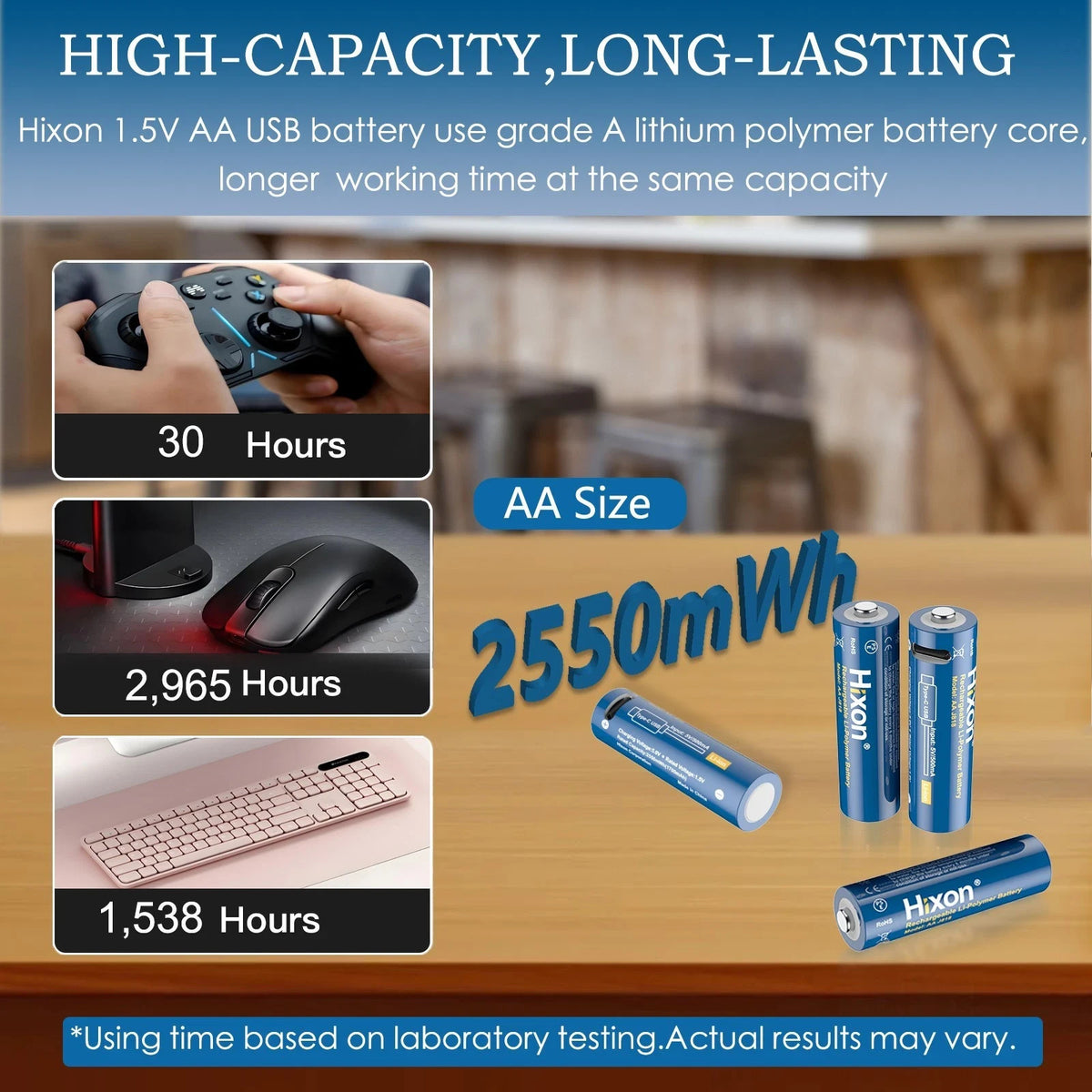 Hixon 1.5V USB-C AA Rechargeable Lithium Batteries 2550mWh Double AA - 8 Pack