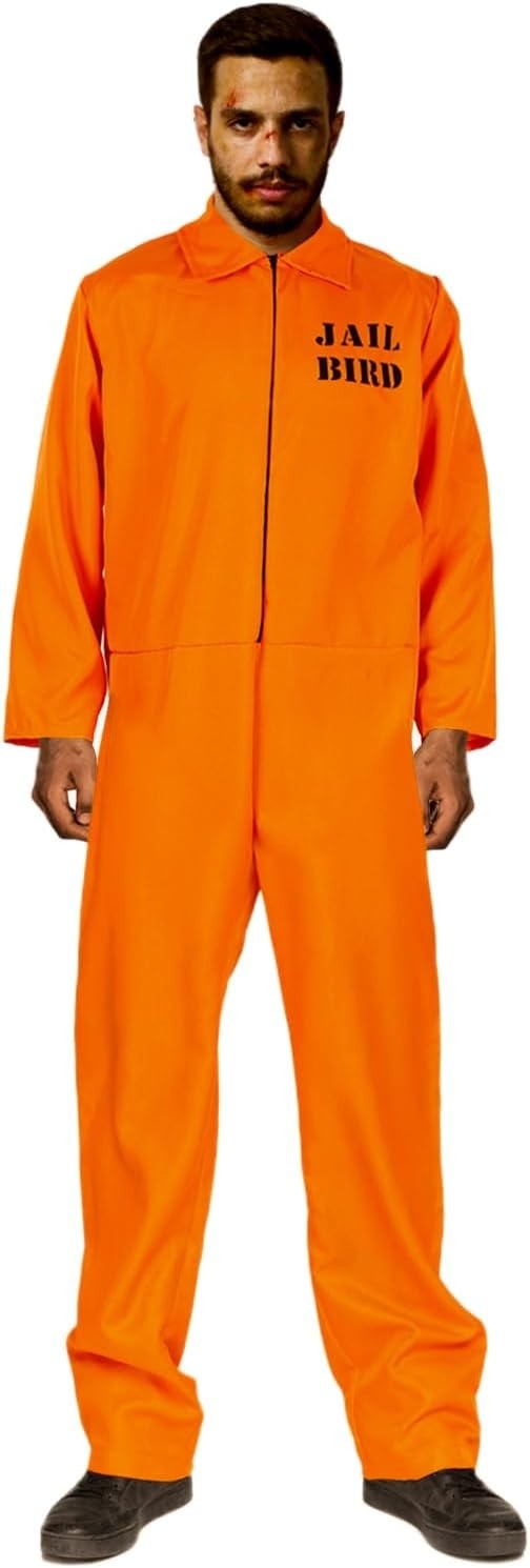 Mens Prisoner Costume Overall Orange Jumpsuit Convict Stag Do Party Fancy Dress