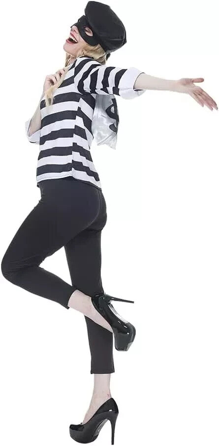LADIES BURGLAR COSTUME ROBBER FANCY DRESS SHORT SLEEVE STRIPE EYEMASK - MEDIUM