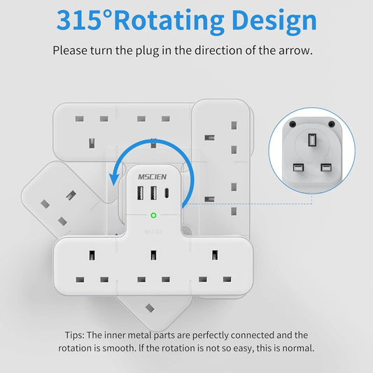 Mscien Multi Plug Adaptor, 6 in 1 Plug Extension Socket 3 Way 3 USB(3.4A,1 Type-