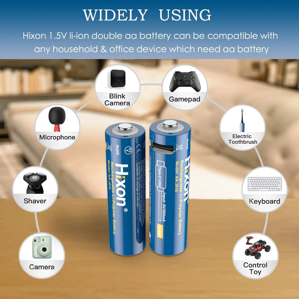 Hixon 1.5V USB-C AA Rechargeable Lithium Batteries 2550mWh Double AA - 8 Pack