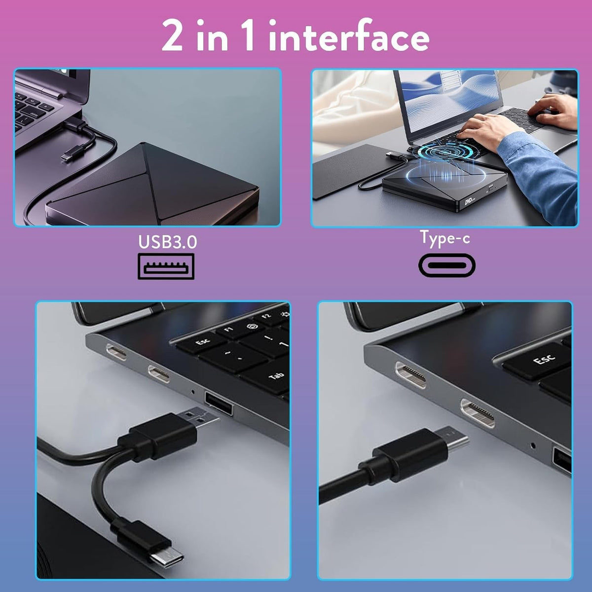 External CD DVD Drive for Laptop USB 3.0 Type-C Slim Portable Player CD DVD RW W