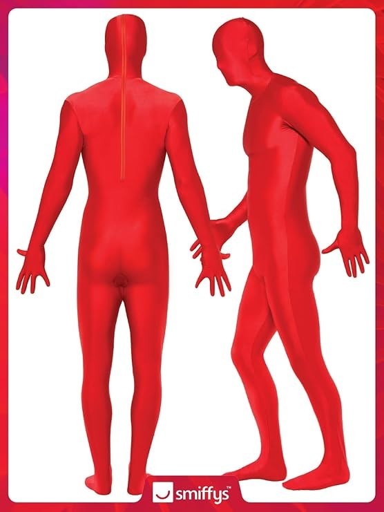 RED SKIN SUIT ADULT FANCY DRESS COSTUME SECOND SKIN BODY SUIT ALL IN ONE OUTFIT