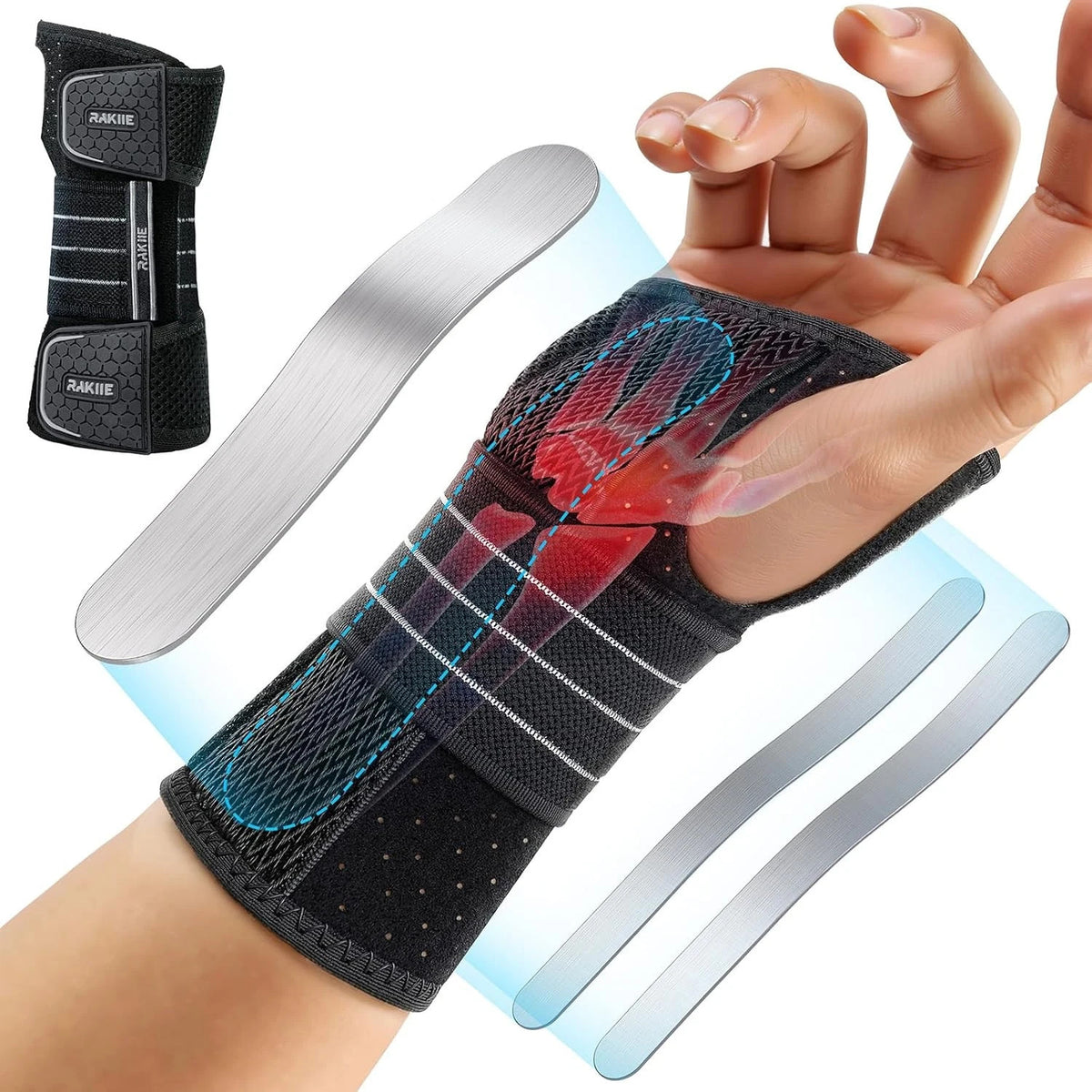 Rakiie Carpal Tunnel Wrist Brace, Adjustable Night Wrist Support with 3 Metal Sp