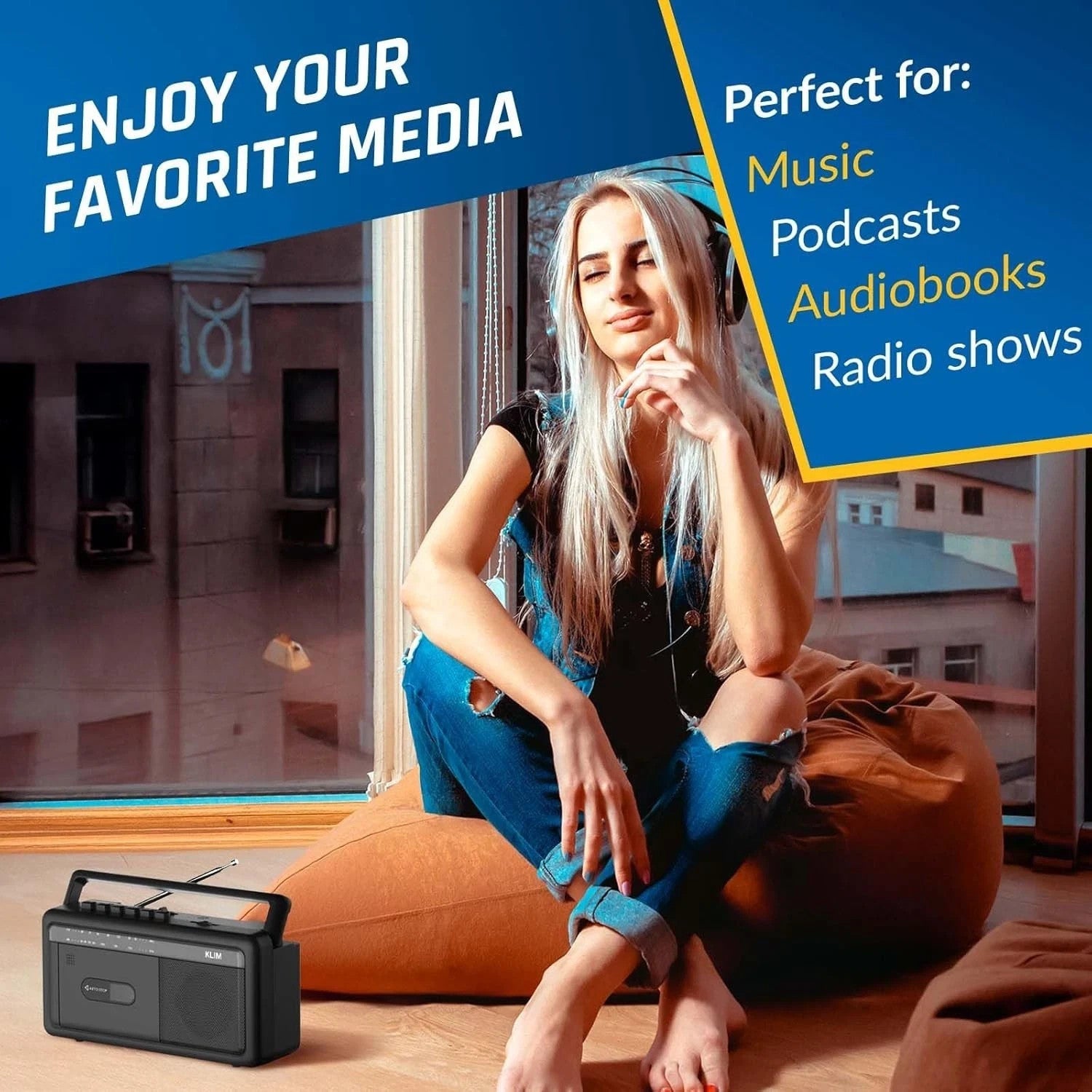 KLIM Portable Cassette Player & Tape Recorder – Boombox with AM/FM Radio, USB, B