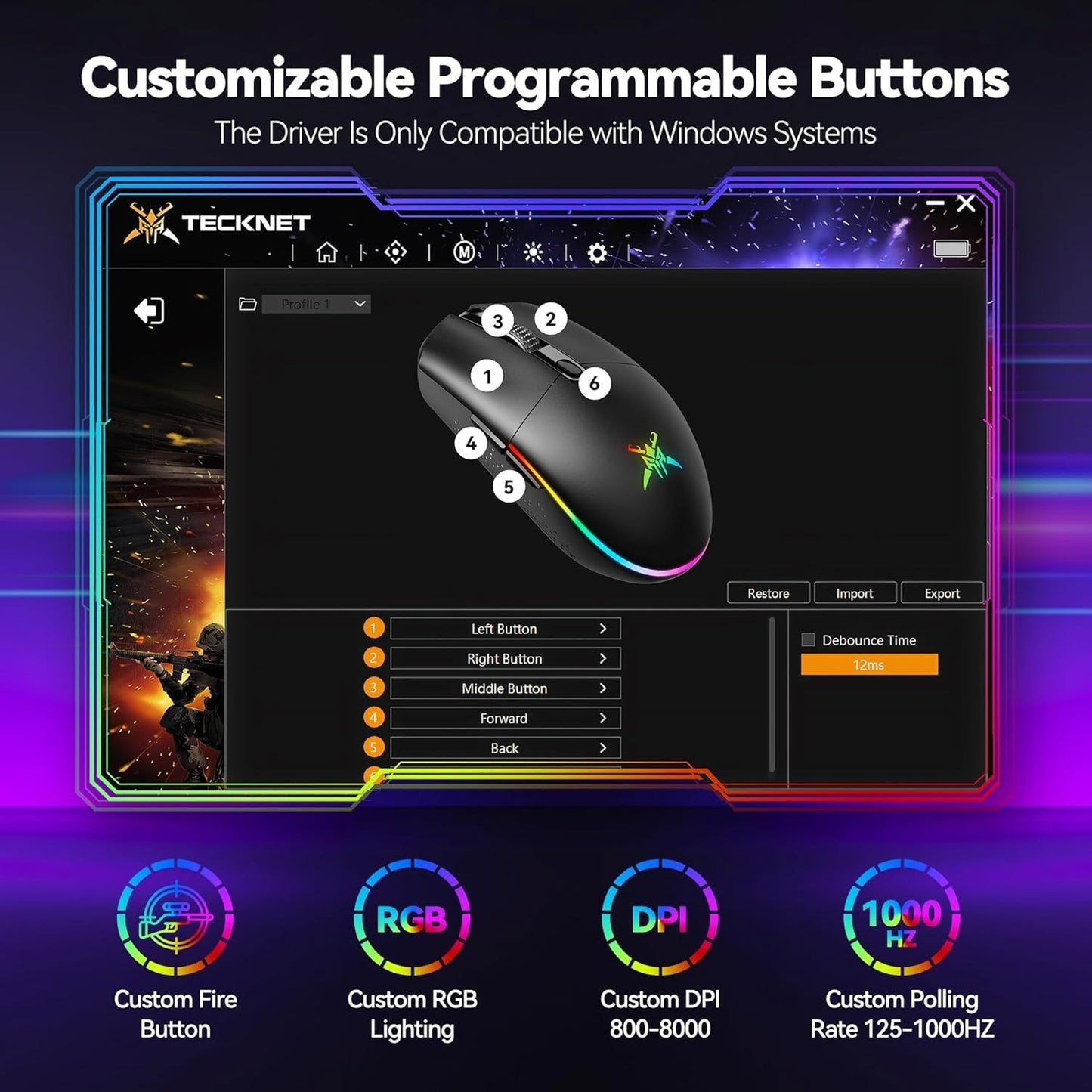 TECKNET Wireless Gaming Mouse 8000 DPI RGB Rechargeable Black LED Lights 
