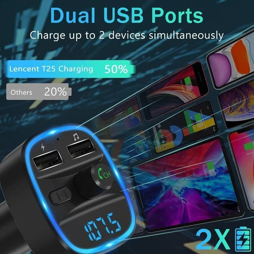 LENCENT FM Transmitter, Bluetooth Wireless Radio Adapter Car Kit with 2 USB