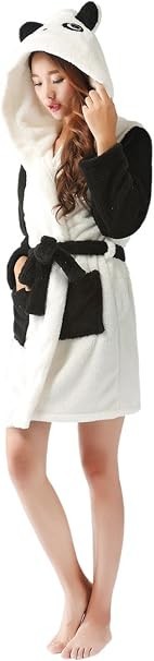 Ladies Soft Fleece Hood Dressing Gown Cute Panda Bear Womens Bath Robe - Large