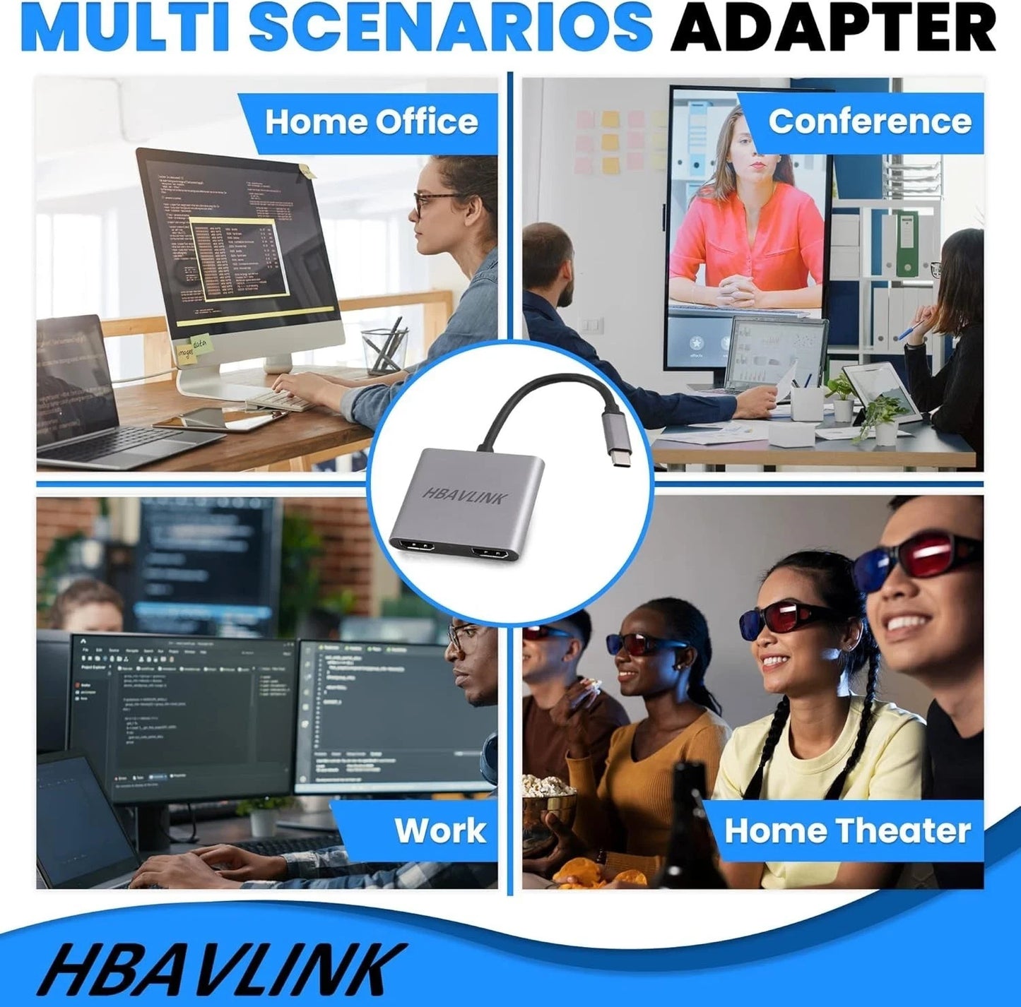 HBAVLINK USB C to Dual HDMI Adapter for Dual Monitor 4K 60Hz USBC MST Hub