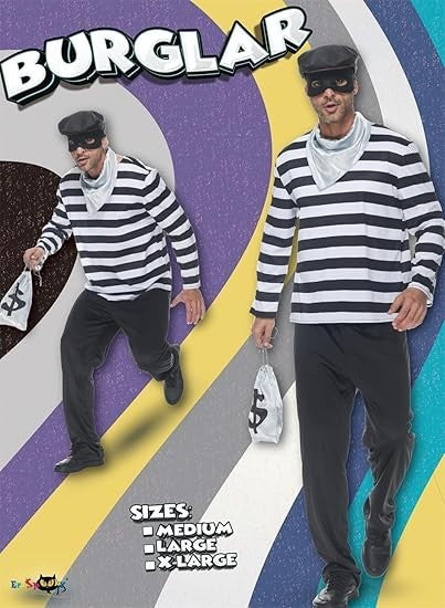 Bank Robber Burglar Adult 4 Piece Black White Striped Set Fancy Dress Costume M