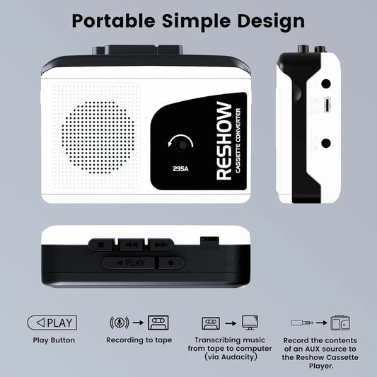 Reshow Cassette Tape Player & Digital Converter - Portable MP3 Converter for PC/