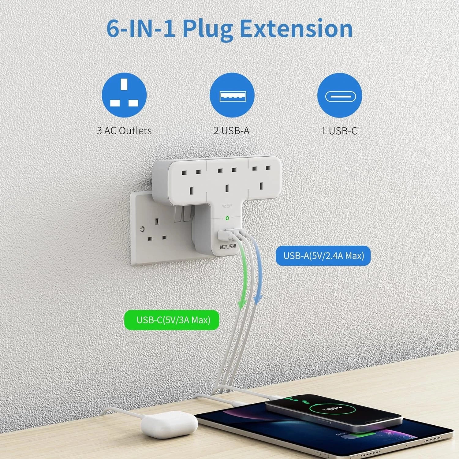 Mscien Multi Plug Adaptor, 6 in 1 Plug Extension Socket 3 Way 3 USB(3.4A,1 Type-