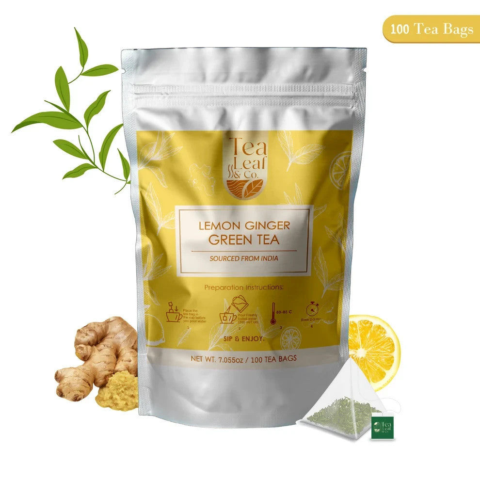 Lemon Ginger Green Tea Bags - 50 Pyramid Tea Bags | Low Caffeine, Non-GMO, Glute
