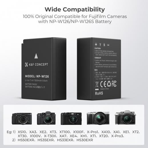 K&F Concept NP-W126 Camera Battery & Dual Charger Kit for Fujifilm XT30 XT20 A5