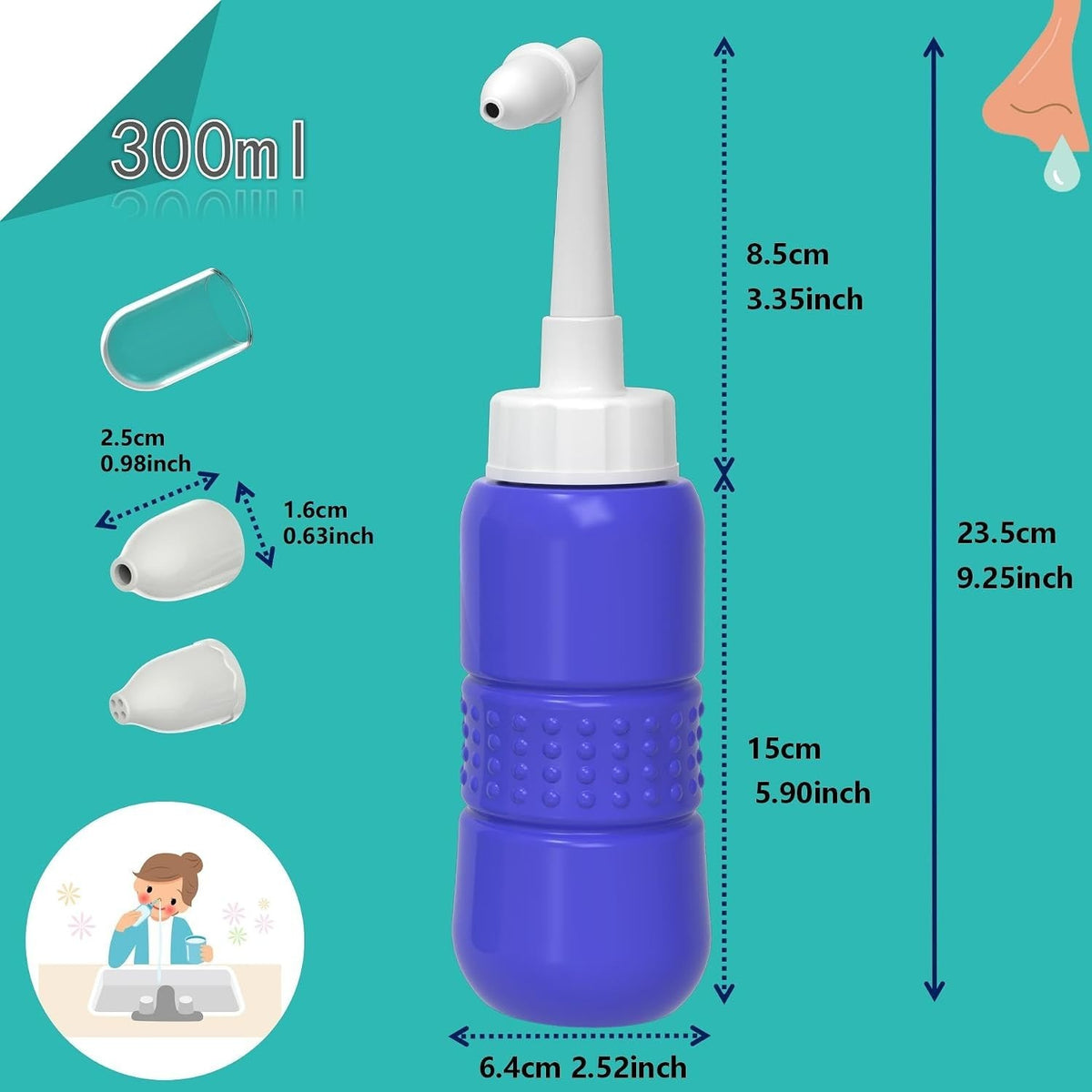Sinus Rinse Kit 300ml Nasal Rinse Bottle Neti Pot with 40 Saline Salt Sachets UK