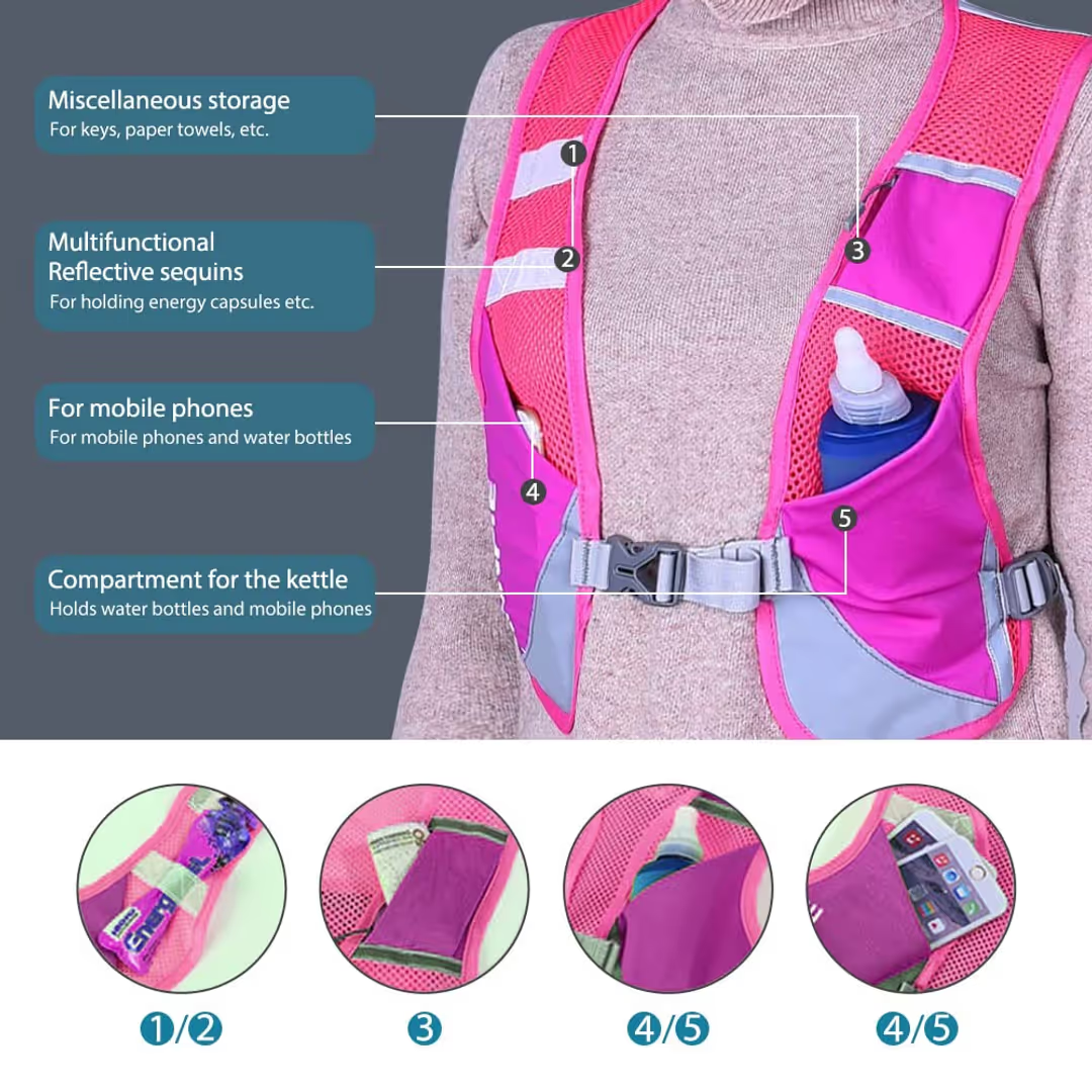 Multifunctional Running Backpack Hydration Vest - Pink With 2 Water Bottles