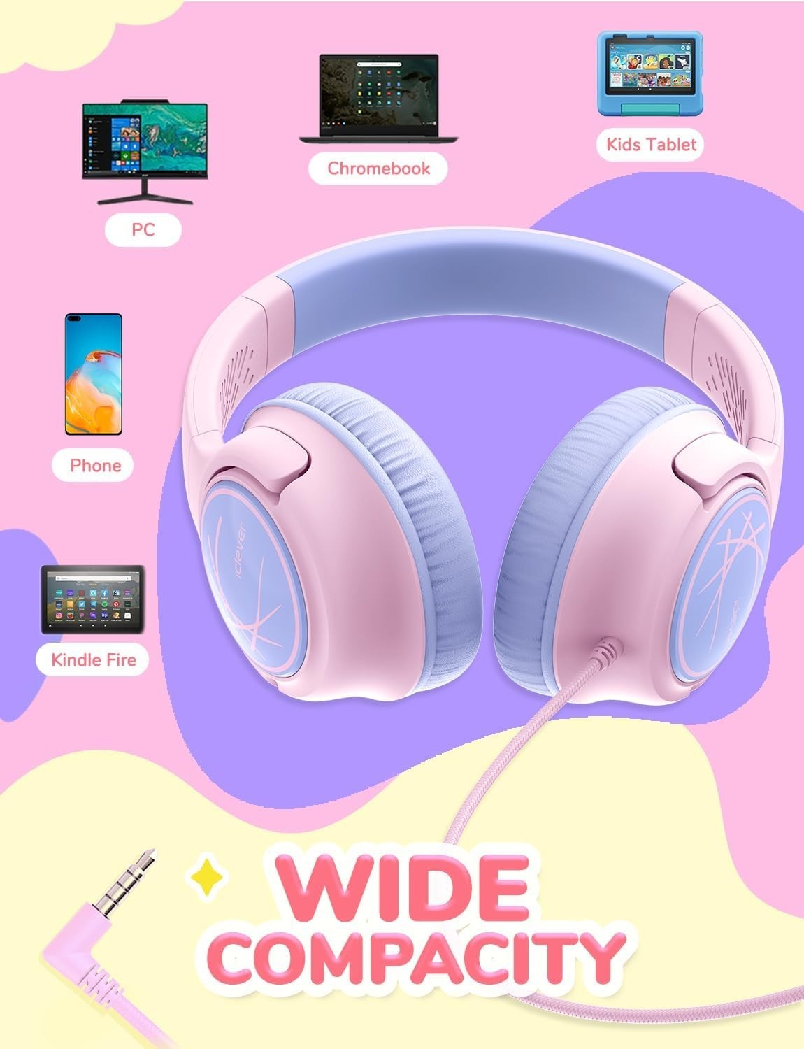 Iclever Bluetooth Kids Headphones HS26 Girls Headphones Wired 3.5mm Princess