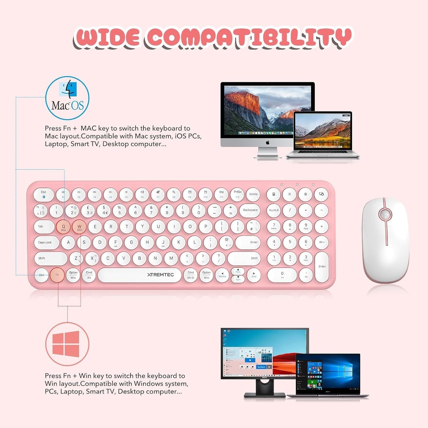 XTREMTEC Wireless Keyboard and Mouse set, Compact Size Cute Keyboard Retro Round