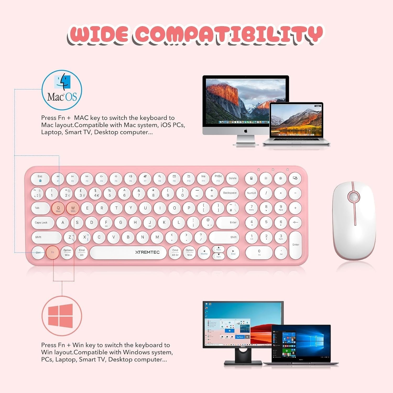 XTREMTEC Wireless Keyboard and Mouse set, Compact Size Cute Keyboard Retro Round