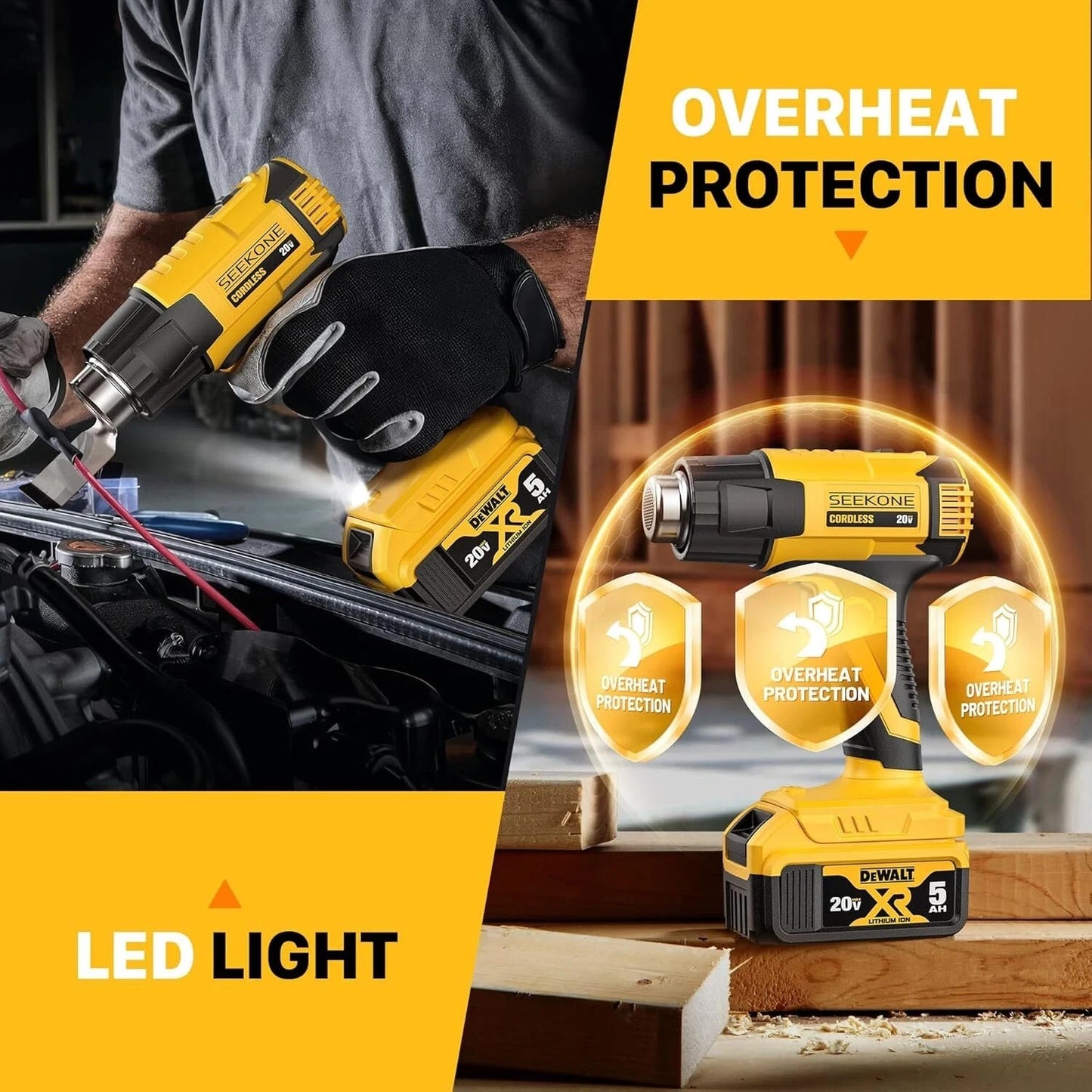 Seekone Cordless Dual Temperature Heat Gun for Dewalt 20V Battery [Not Included]