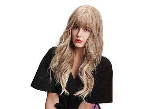 KangYao Long Blonde Wig For Woman With Long Curly Waves With Bangs Wear Everyday