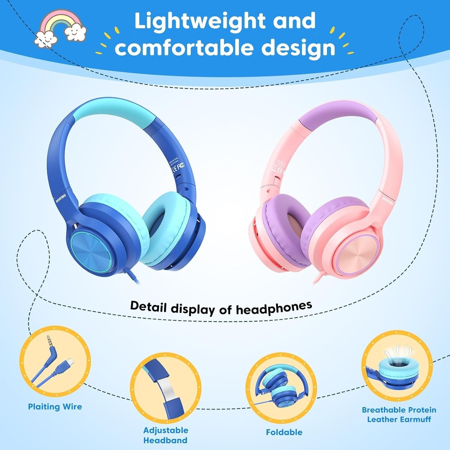 INFURTURE Kids Headphones CH5 USB C Headphone with Mic for Boys/Girls, Line Cont