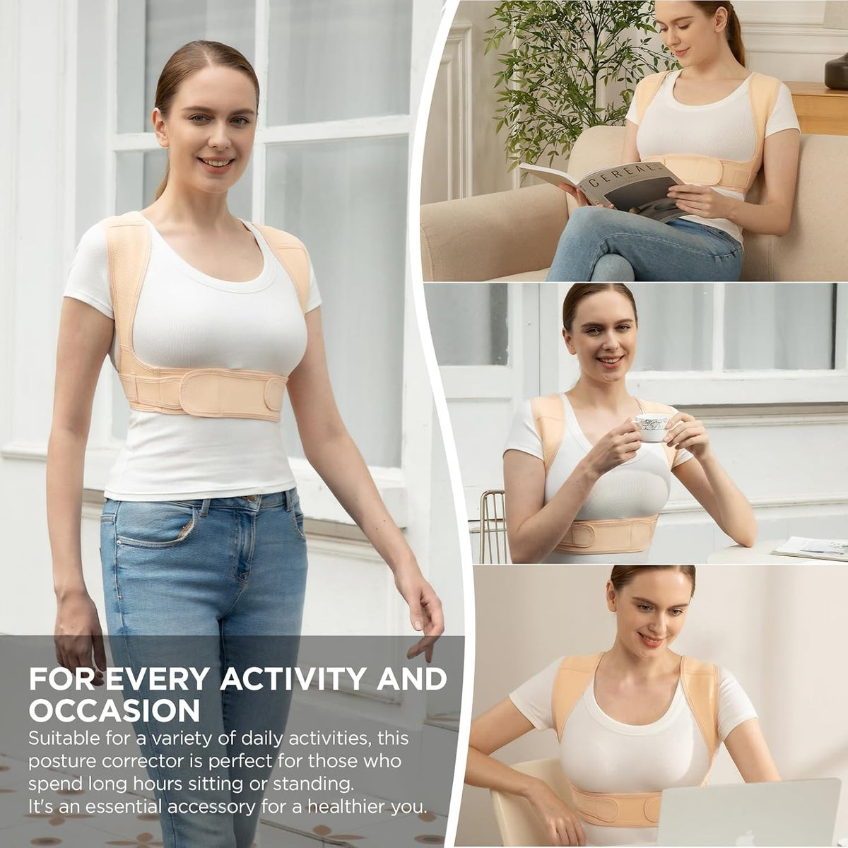Vicorrect Posture Corrector for Women and Men, Adjustable upper S/M, Beige