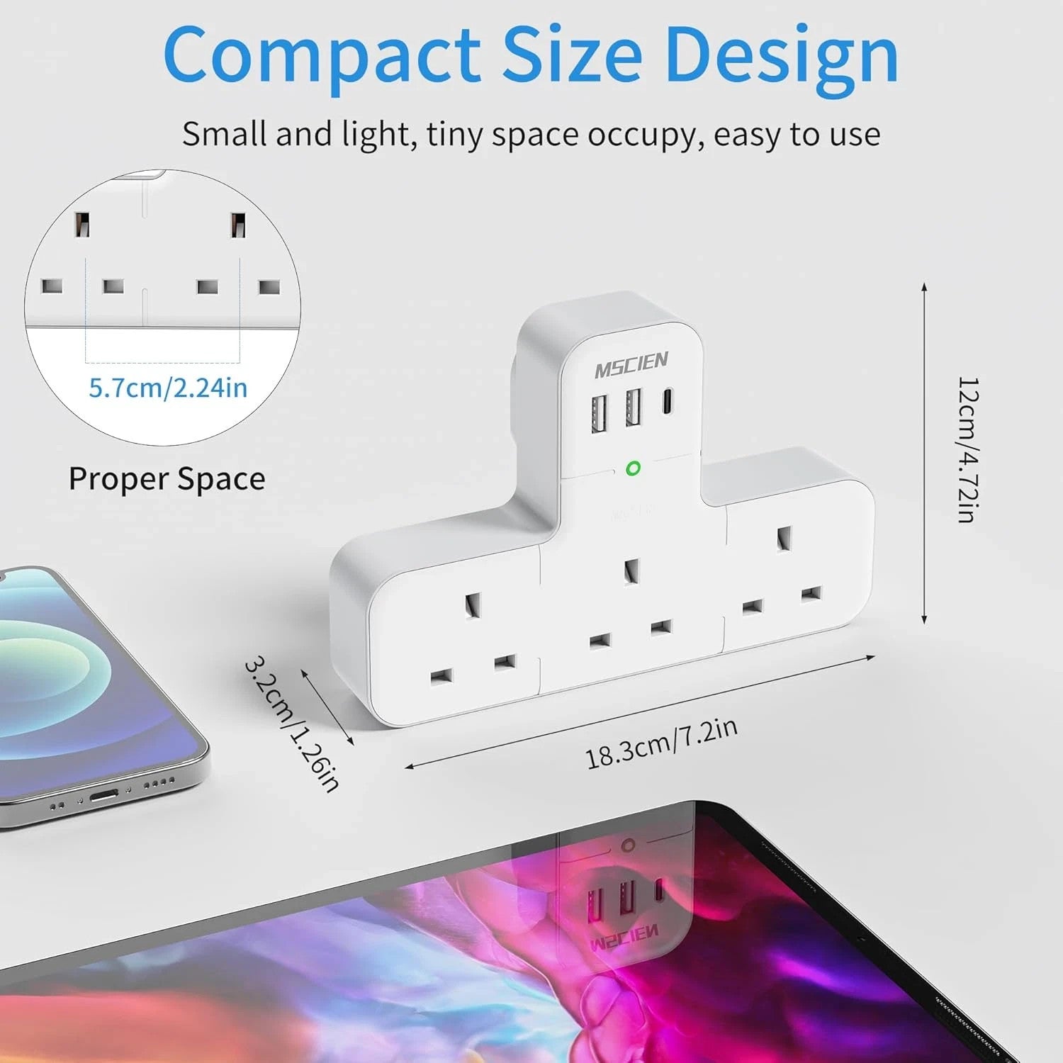 Mscien Multi Plug Adaptor, 6 in 1 Plug Extension Socket 3 Way 3 USB(3.4A,1 Type-