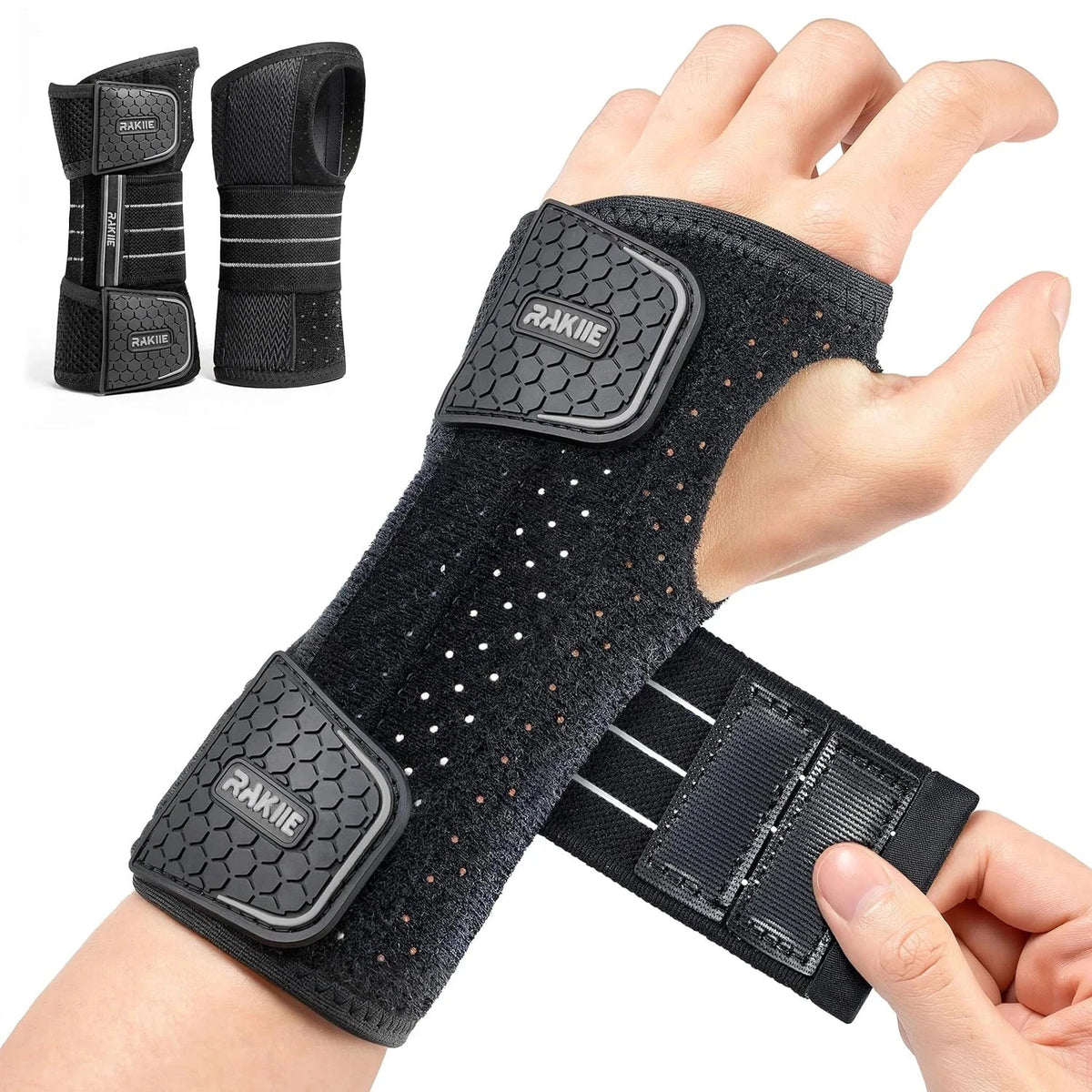 Rakiie Breathable Wrist Support Brace with 3 Metal Splints - Right Hand