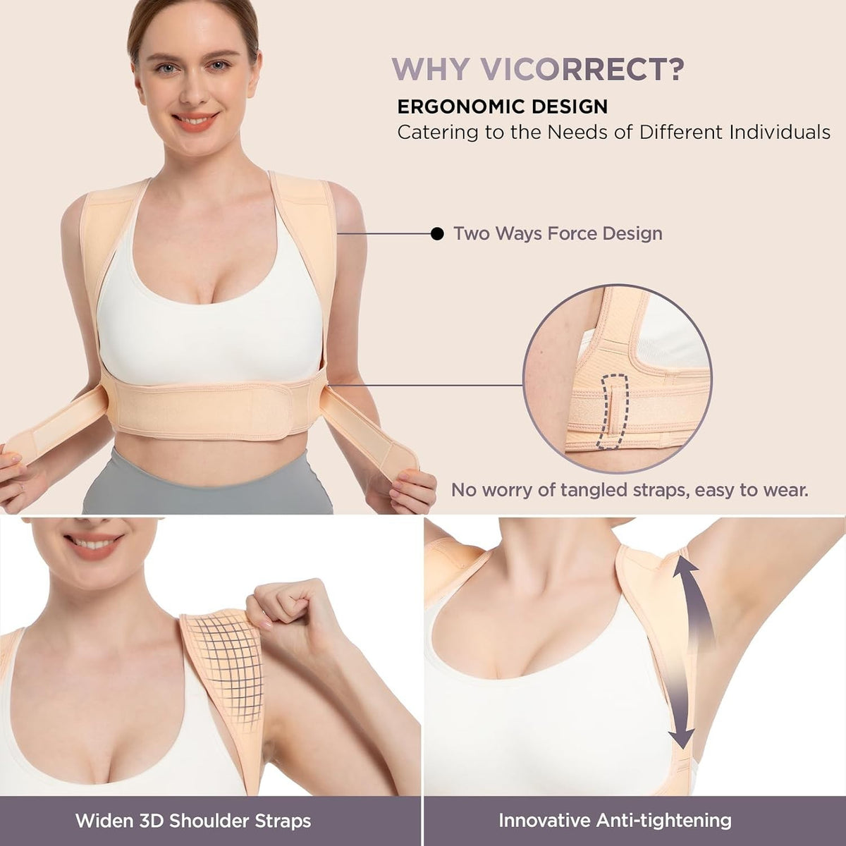 Vicorrect Posture Corrector for Women and Men, Adjustable upper S/M, Beige