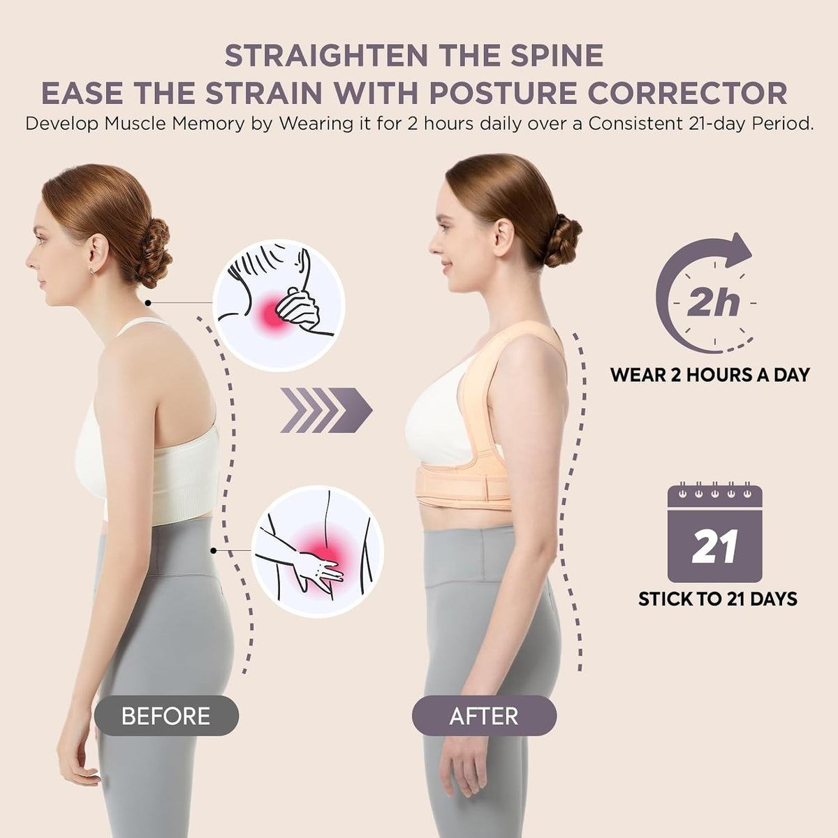 Vicorrect Posture Corrector for Women and Men, Adjustable upper S/M, Beige