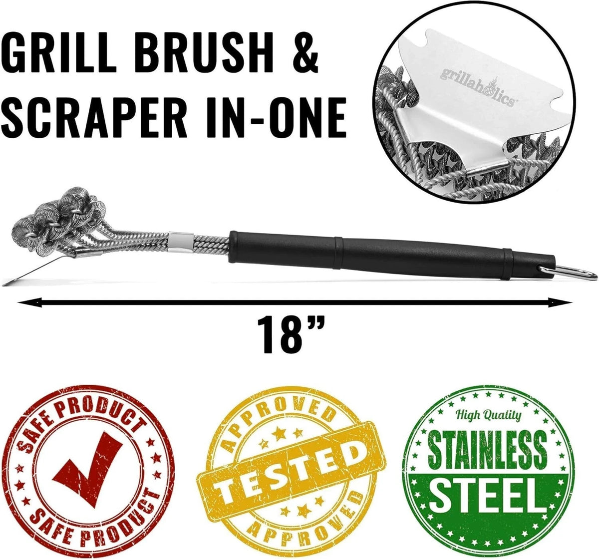 Grillaholics BBQ Grill Bristle Free Brush Xtra Wide XL Scraper Cleaner UK Seller