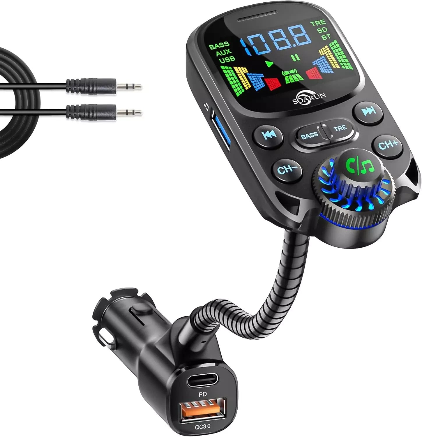 SOARUN Bluetooth 5.3 FM Transmitter, 48W AUX Car Adapter Charger with Hifi Sound