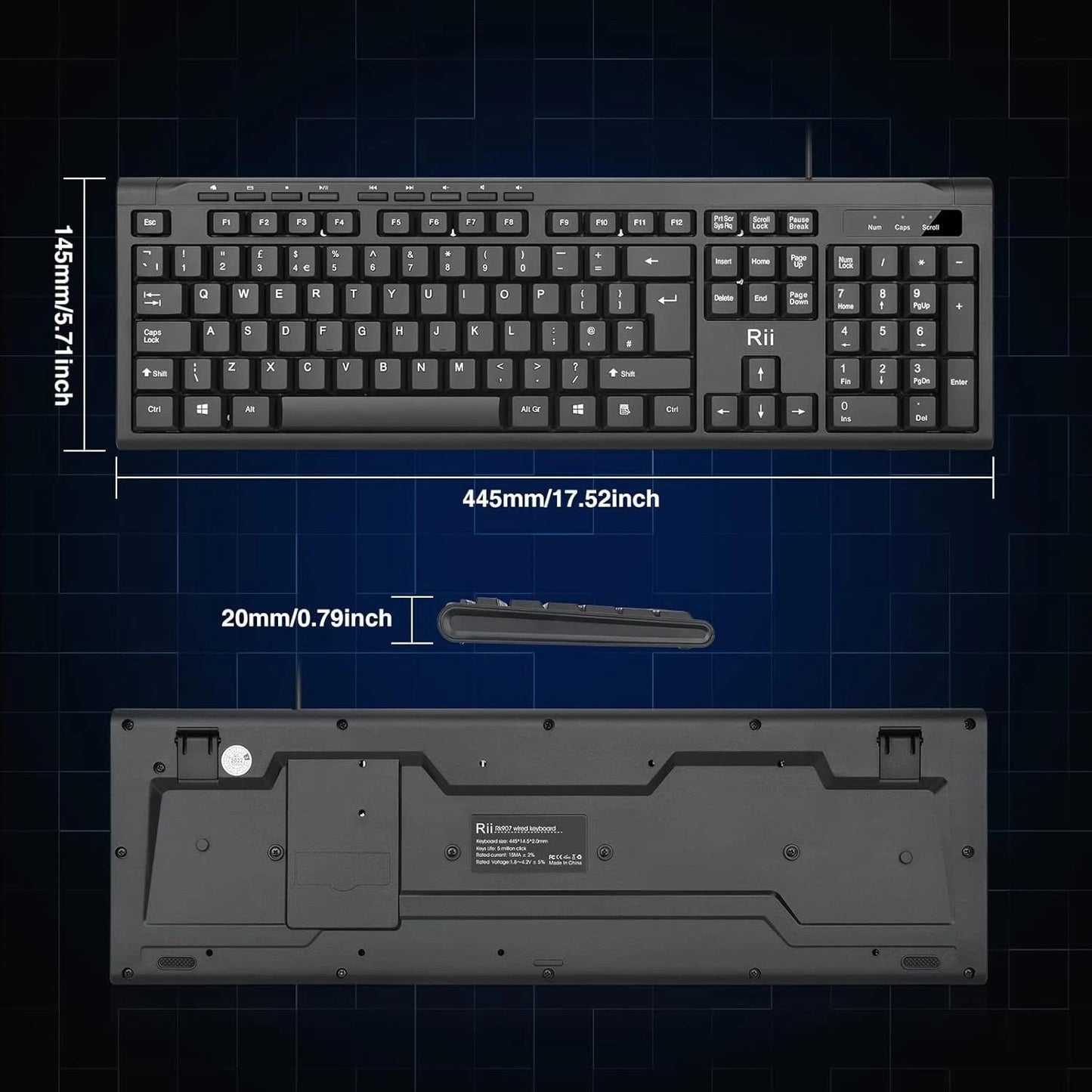 Rii RK907 USB Wired Keyboard Full Size Office Keyboard Compatible with Mac PC Ta