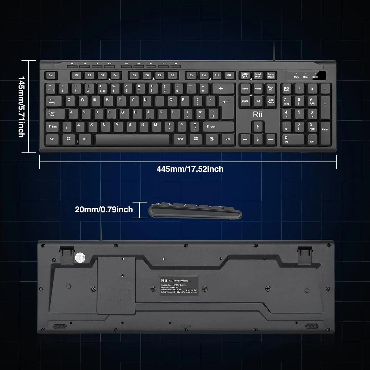 Rii RK907 USB Wired Keyboard Full Size Office Keyboard Compatible with Mac PC Ta