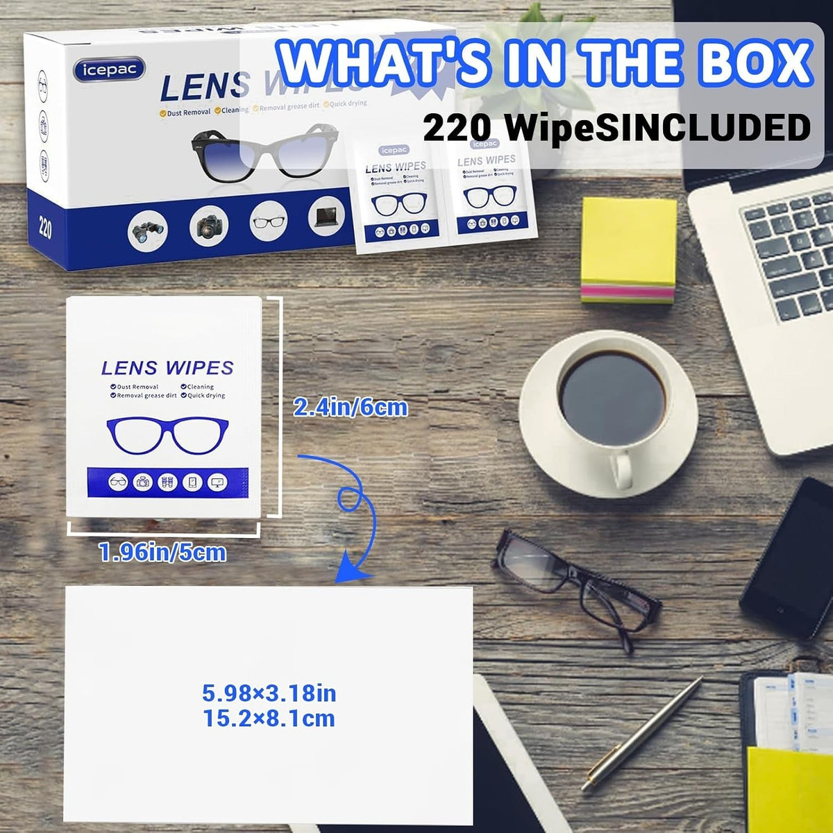 220 Count Lens Cleaning Wipes for Eyeglasses, Pre-Moistened Individually Wrapped