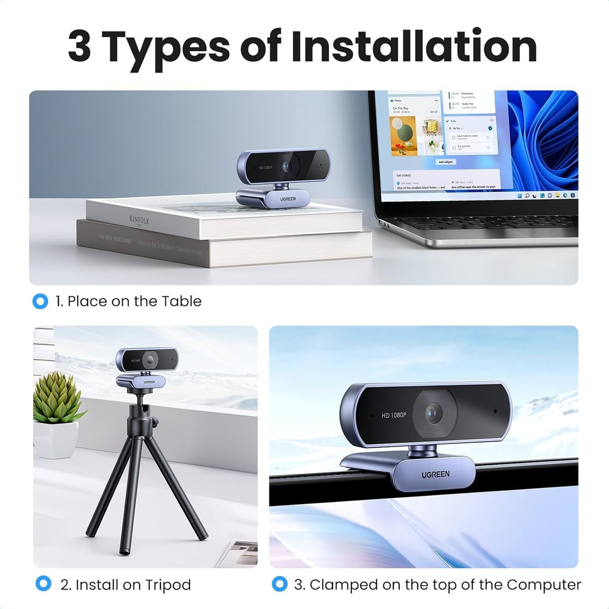 UGREEN USB Webcam, Full HD 1080P/30fps Webcam for PC, Webcam with Microphone