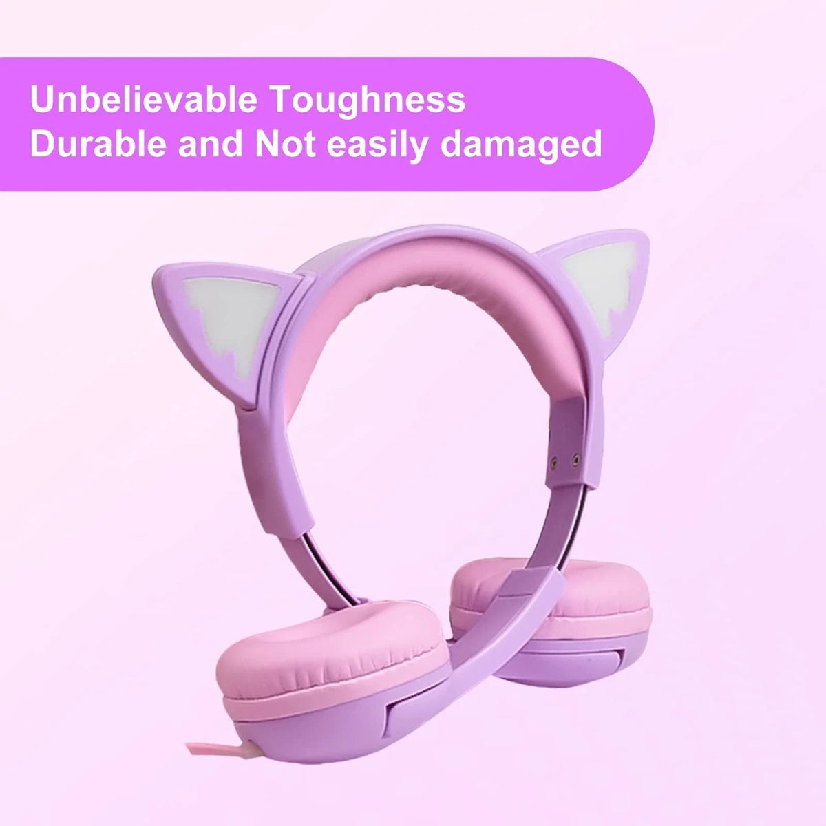 Olyre Kids Wired Headphones with Mic, LED Cat Ears Headset, Mini, Purple/Pink
