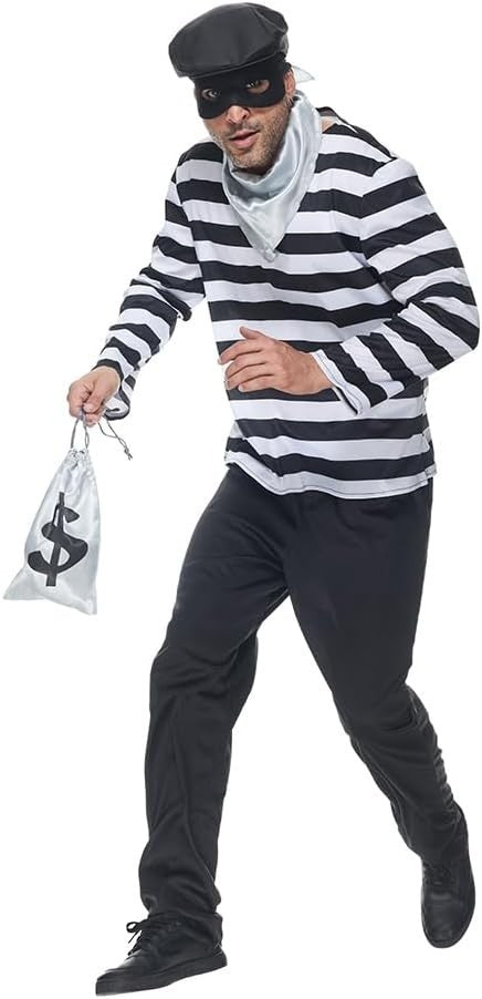 Bank Robber Burglar Adult 4 Piece Black White Striped Set Fancy Dress Costume M