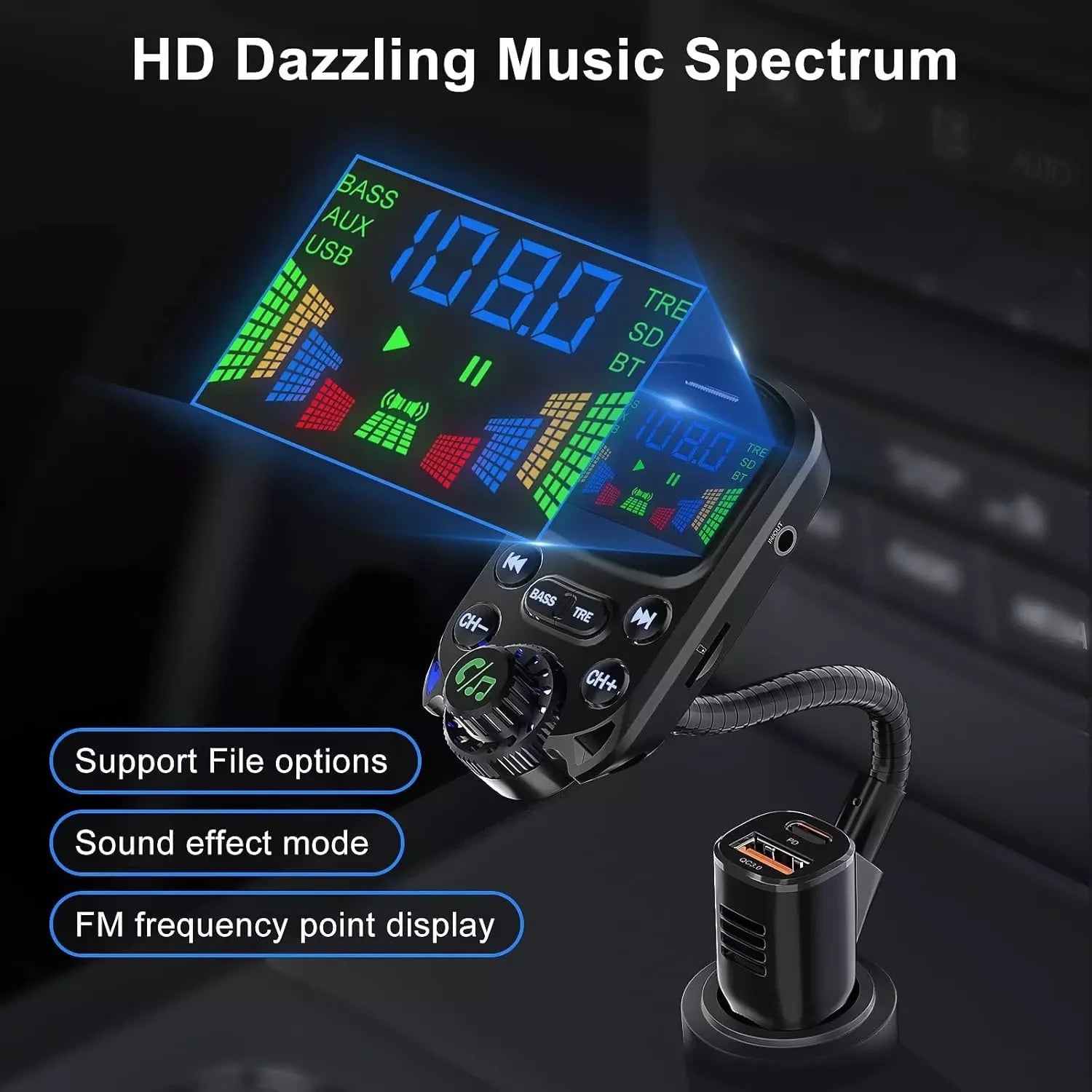 SOARUN Bluetooth 5.3 FM Transmitter, 48W AUX Car Adapter Charger with Hifi Sound