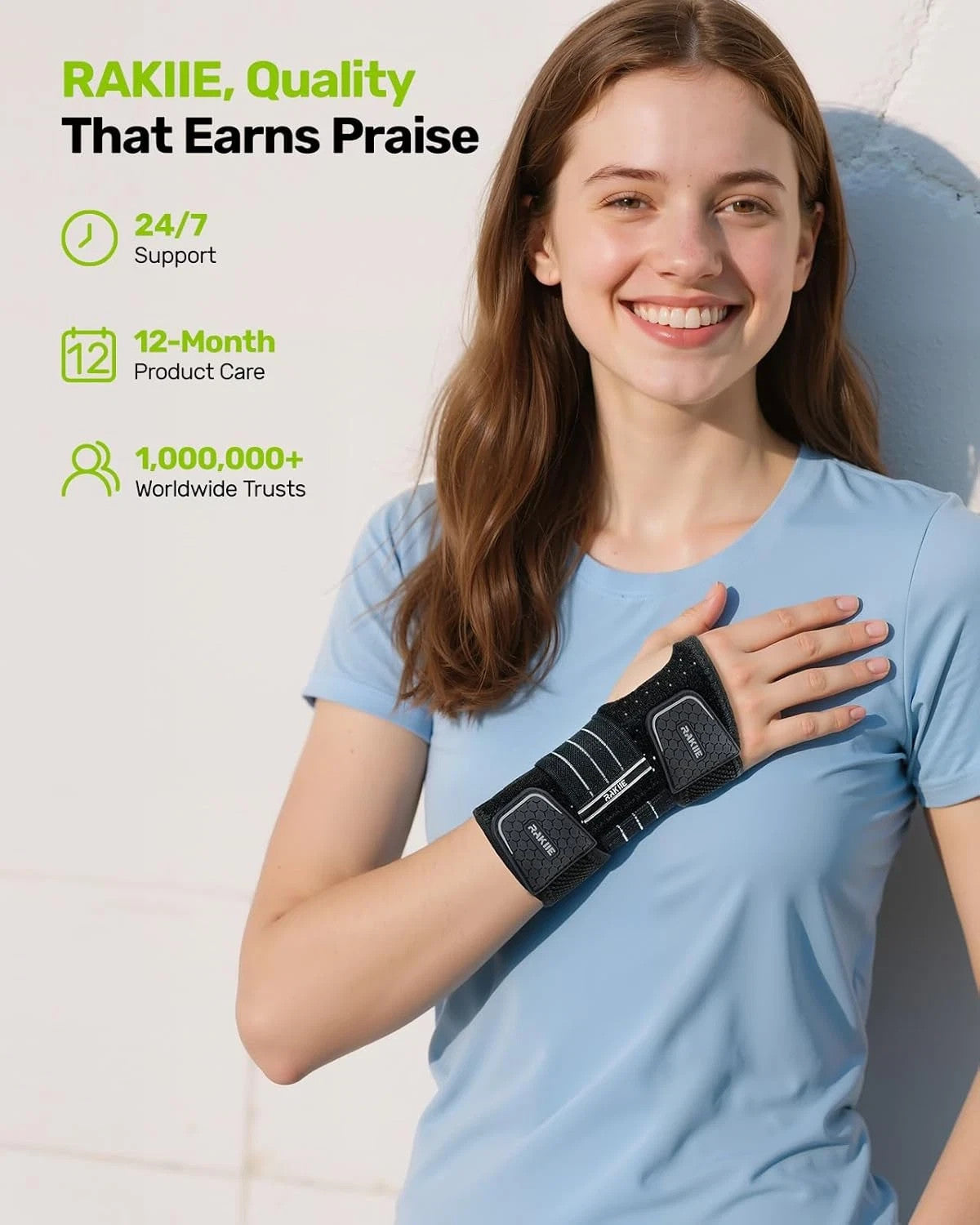 Rakiie Carpal Tunnel Wrist Brace, Adjustable Night Wrist Support with 3 Metal Sp