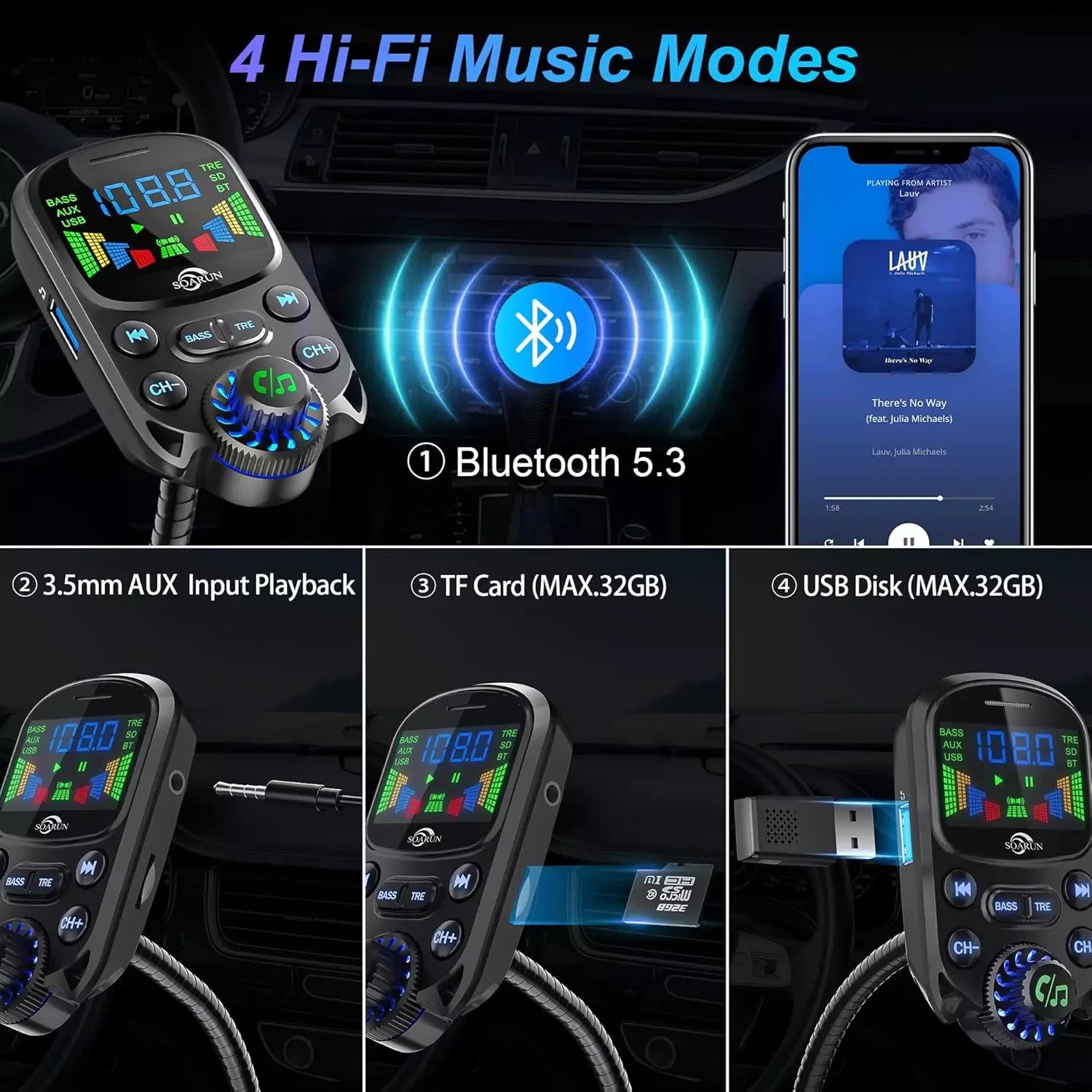 SOARUN Bluetooth 5.3 FM Transmitter, 48W AUX Car Adapter Charger with Hifi Sound