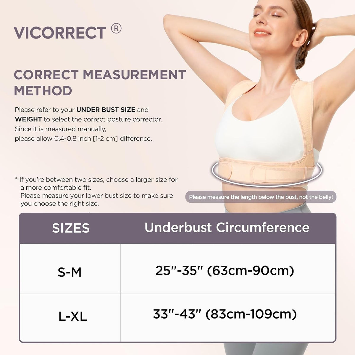 Vicorrect Posture Corrector for Women and Men, Adjustable upper S/M, Beige