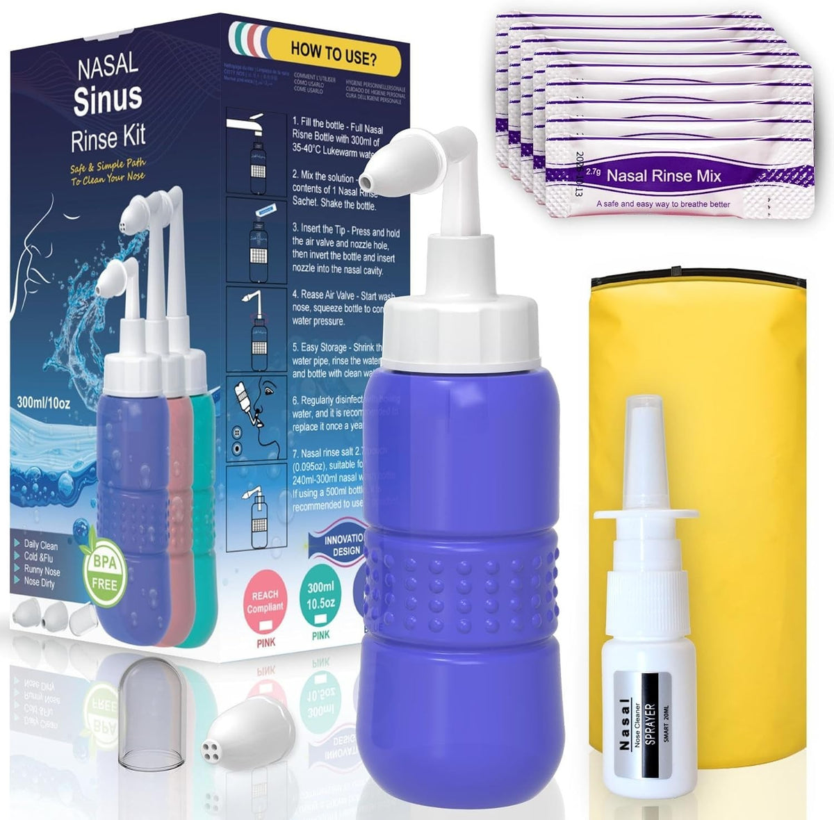Sinus Rinse Kit 300ml Nasal Rinse Bottle Neti Pot with 40 Saline Salt Sachets UK