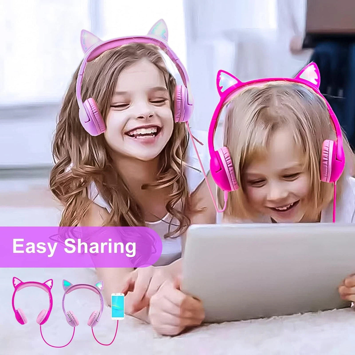 Olyre Kids Wired Headphones with Mic, LED Cat Ears Headset, Mini, Purple/Pink