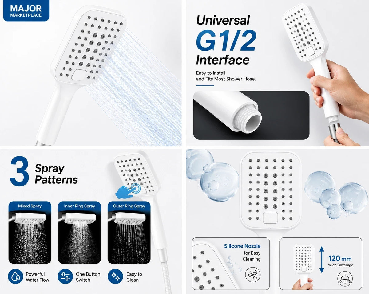 Square Shower Head with 3 Spray Modes, Boosting Handheld for Low Water Pressure