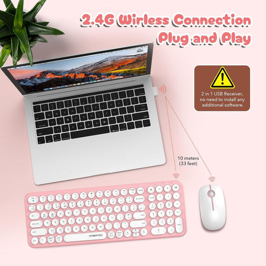 XTREMTEC Wireless Keyboard and Mouse set, Compact Size Cute Keyboard Retro Round