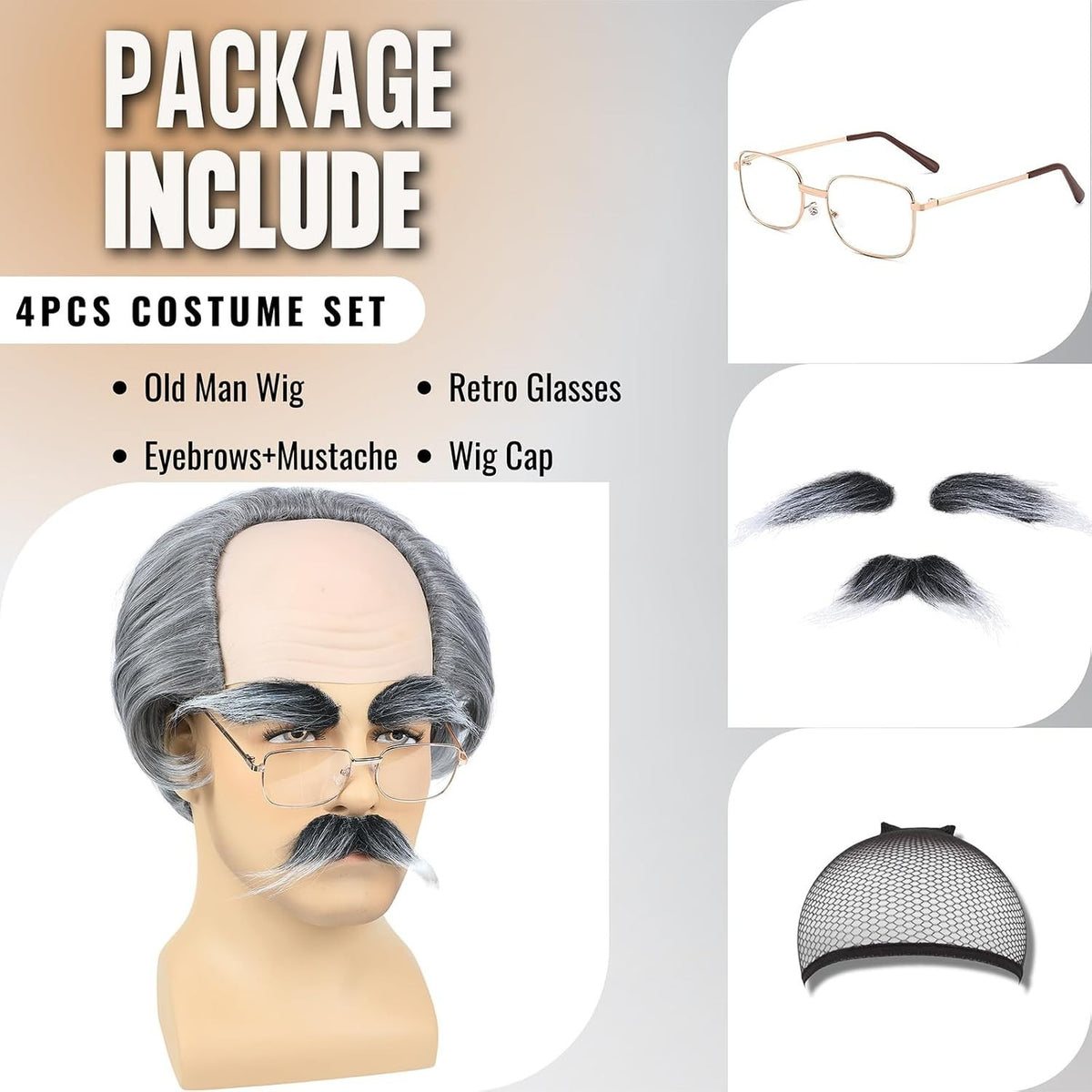 Old Man Bald Grey Wig Men Grandpa Costume Balding Cap Funny Wigs | Old Man Cost
